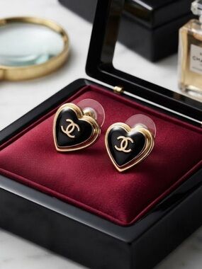 CHANEL Black Heart Stud Earrings